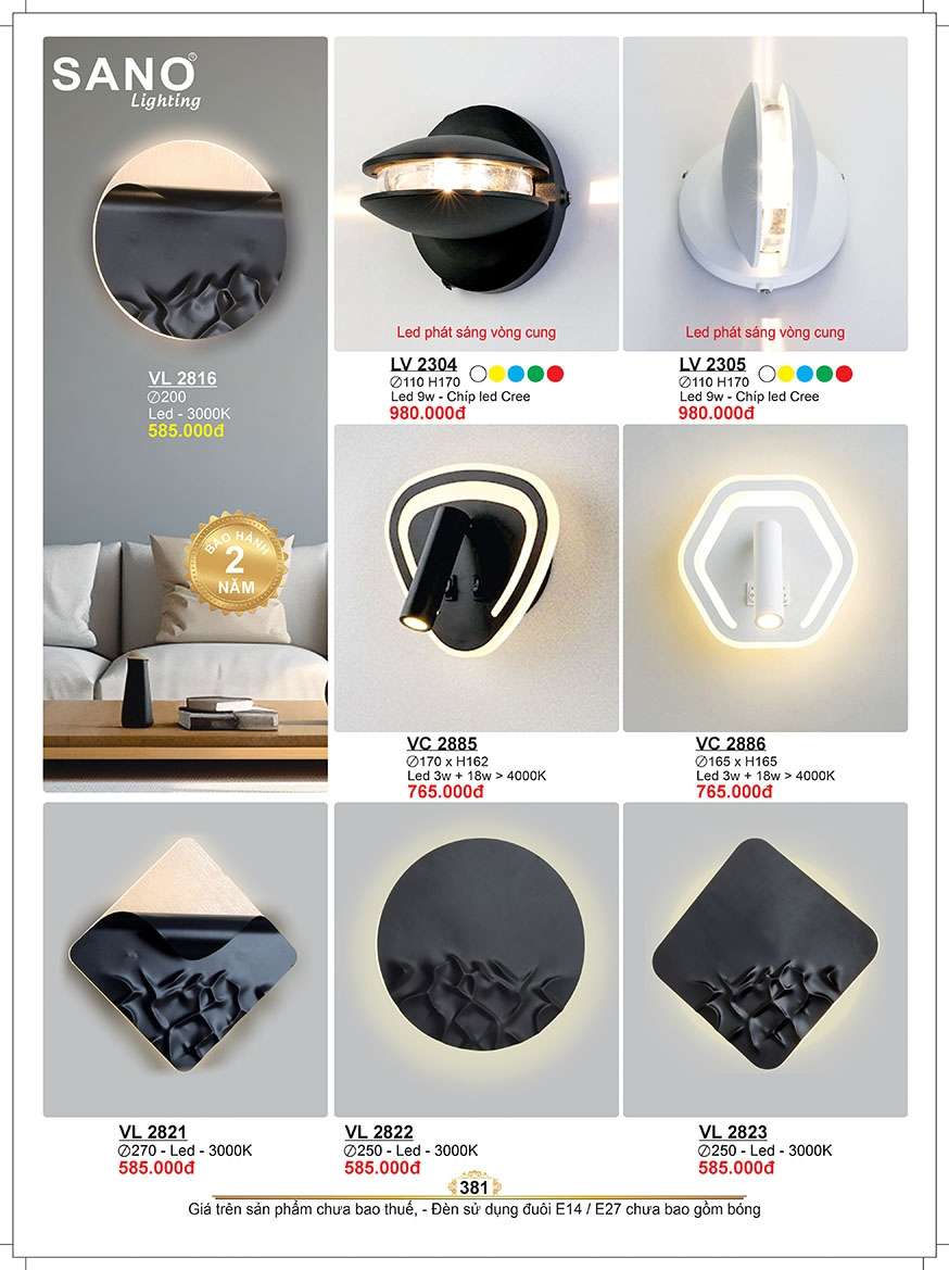 Đèn vách Sano Lighting VL 2816, VL 2304, VL 2305, VC 2885, VC 2886, VL 2821, VL 2822, VL 2823