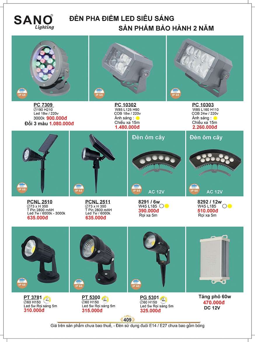 Đèn pha điểm led Sano Lighting PC 7309, PC 10302, PC 10303, PCNL 2510, PCNL 2511, 8291, 8292, PT 3781, PT 5300, PG 5301