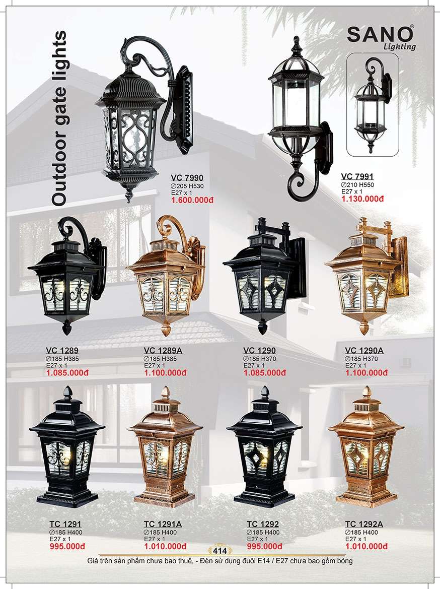 Đèn vách Sano Lighting VC 7990, VC 7991, VC 1289, VC 1289A, VC 1290, VC 1290A, TC 1291, TC 1291A, TC 1292, TC 1292A