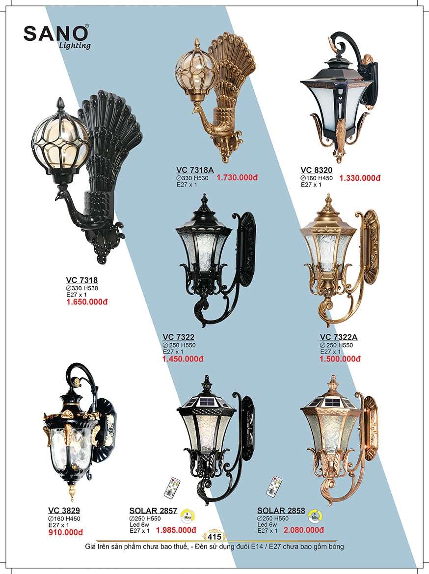 Đèn vách Sano Lighting VC 7318, VC 7318A, VC 8320, VC 7322, VC 7322A, VC 3829, SOLAR 2857, SOLAR 2858
