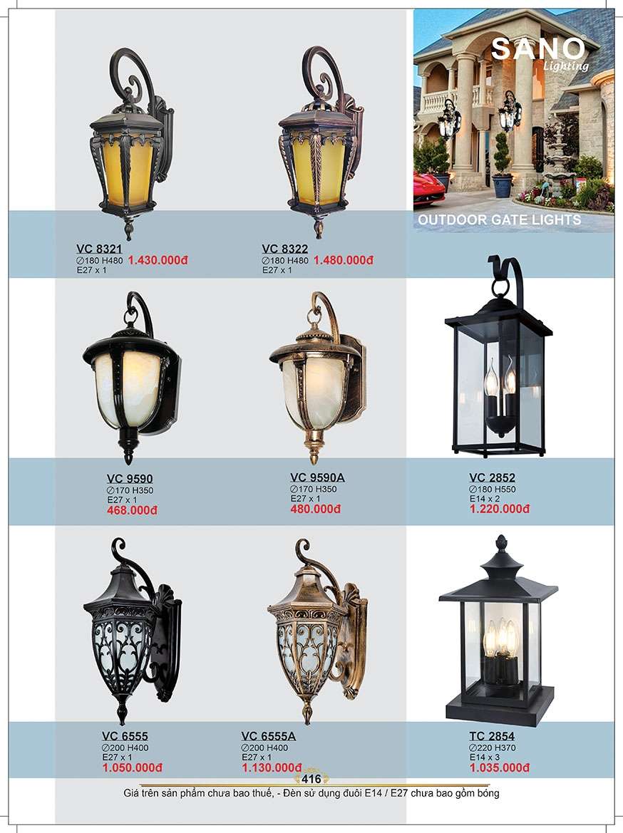 Đèn vách Sano Lighting VC 8321, VC 8322, VC 9590, VC 9590A, VC 2852, VC 6555, VC 6555A, VC 2854