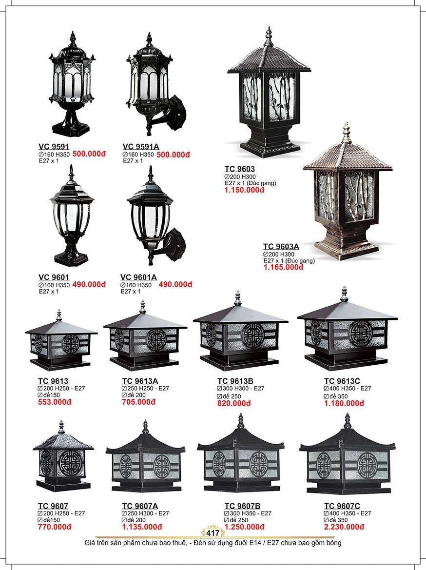 Đèn trụ Sano Lighting VC 9591, VC 9591A, VC 9601, VC 9601A, TC 9603, TC 9603A, TC 9613, TC 9613A, TC 9613B, TC 9613C, TC 9607, TC 9607A, TC 9607B, TC 9607C