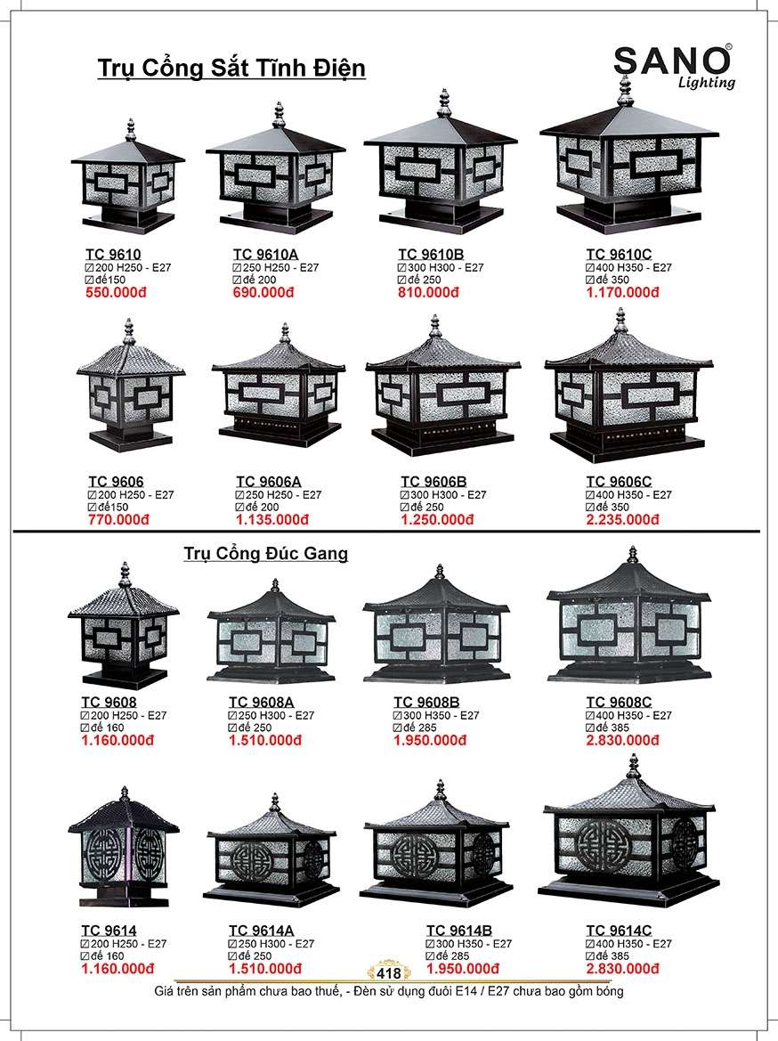 Đèn trụ Sano Lighting TC 9610, TC 9610A, TC 9610B, TC 9610C, TC 9606, TC 9606A, TC 9606B, TC 9606C, TC 9608, TC 9608A, TC 9608B, TC 9608C, TC 9614, TC 9614A, TC 9614B, TC 9614C