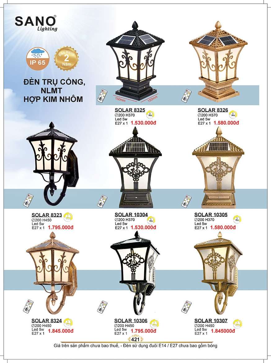 Đèn năng lượng mặt trời Sano Lighting SOLAR 8325, SOLAR 8326, SOLAR 8323, SOLAR 10304, SOLAR 10305, SOLAR 8324, SOLAR 10306, SOLAR 10307