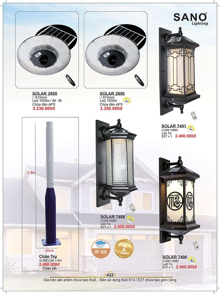 Đèn năng lượng mặt trời Sano Lighting SOLAR 2855, SOLAR 2856, SOLAR 7491, SOLAR 7488, SOLAR 7490