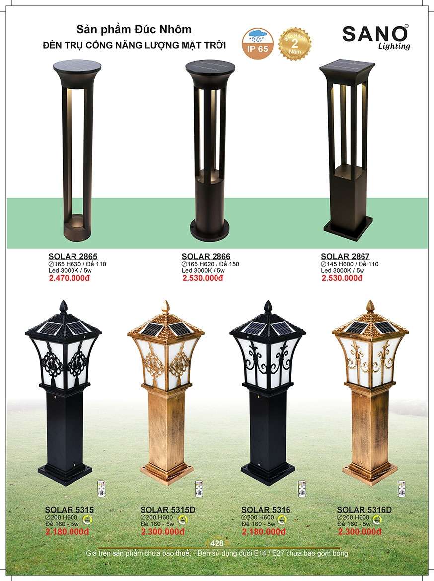 Đèn năng lượng mặt trời Sano Lighting SOLAR 2865, SOLAR 2866, SOLAR 2867, SOLAR 5315, SOLAR 5315D, SOLAR 5316, SOLAR 5316D
