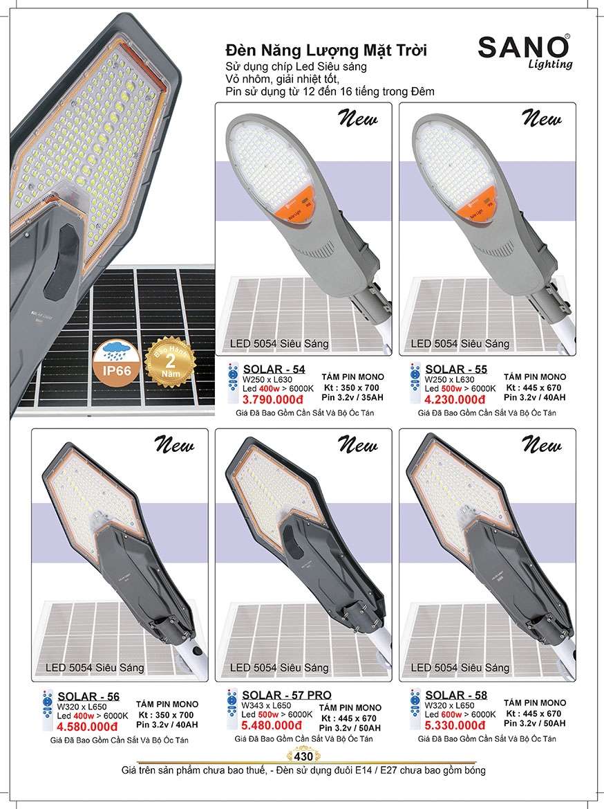 Đèn năng lượng mặt trời Sano Lighting SOLAR - 54, SOLAR - 55, SOLAR - 56, SOLAR - 57 PRO, SOLAR - 58