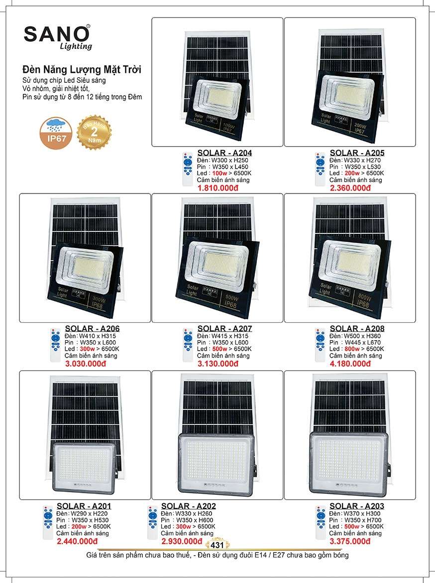Đèn năng lượng mặt trời Sano Lighting SOLAR - A204, SOLAR - A205, SOLAR - A206, SOLAR - A207, SOLAR - A208, SOLAR - A201, SOLAR - A202, SOLAR - A203