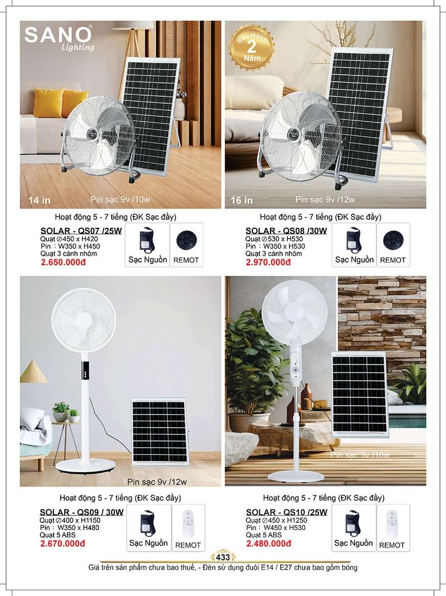 Quạt năng lượng mặt trời Sano Lighting SOLAR - SQ07, SOLAR - SQ08, SOLAR - SQ09, SOLAR - SQ10