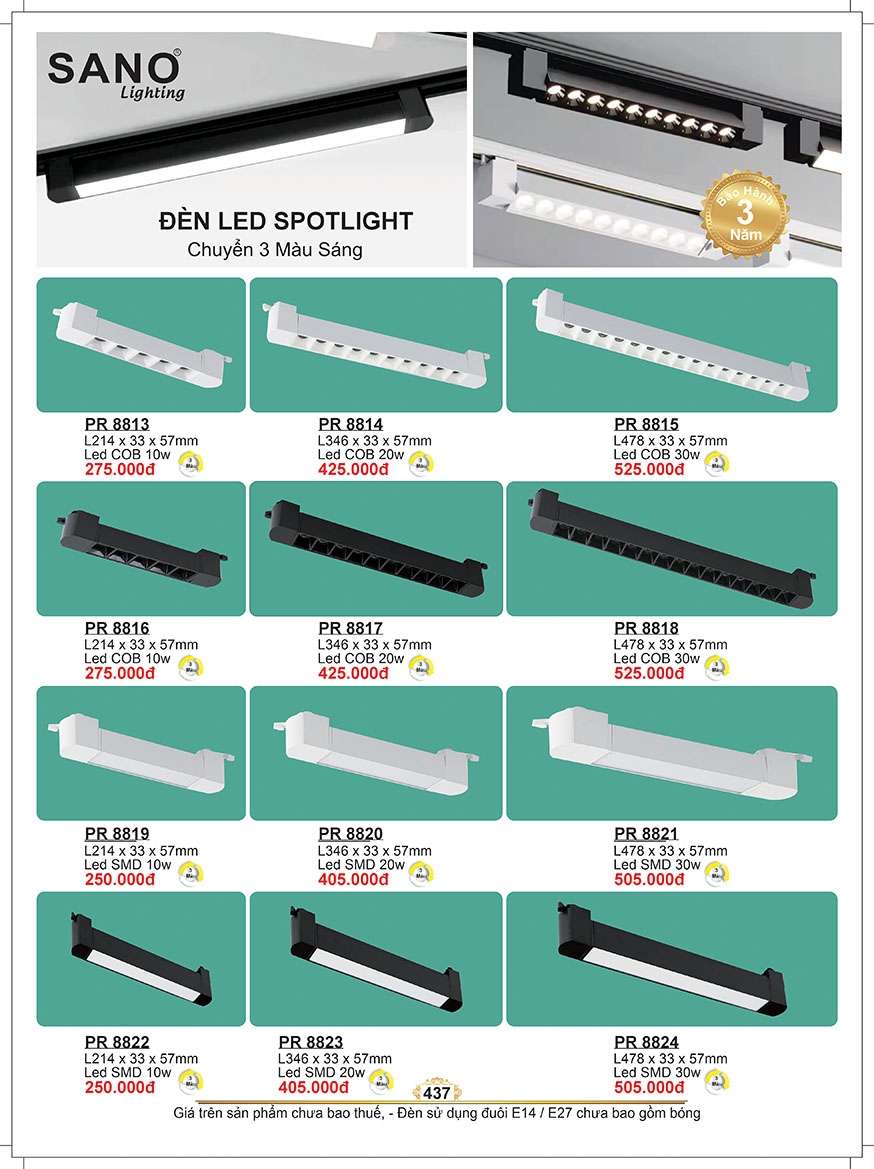Đèn led spot light Sano Lighting PR 8813, PR 8814, PR 8815, PR 8816, PR 8817, PR 8818, PR 8819, PR 8820, PR 8821, PR 8822, PR 8823, PR 8824