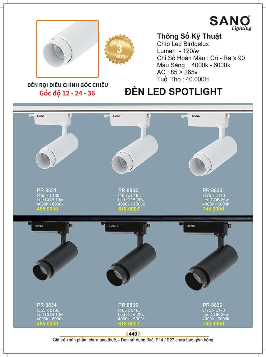 Đèn led spot light Sano Lighting PR 8831, PR 8832, PR 8833, PR 8834, PR 8835, PR 8836