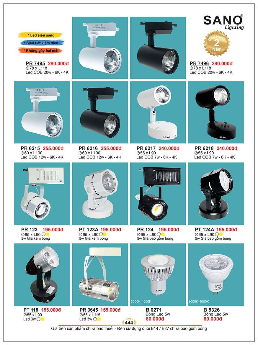 Đèn led spot light Sano Lighting PR 7495, PR 7496, PR 6215, PR 6216, PR 6217, PR 6218, PR 123, PT 123A, PR 124, PT 124A, PT 118, PR 3645, B 6271, B 5326