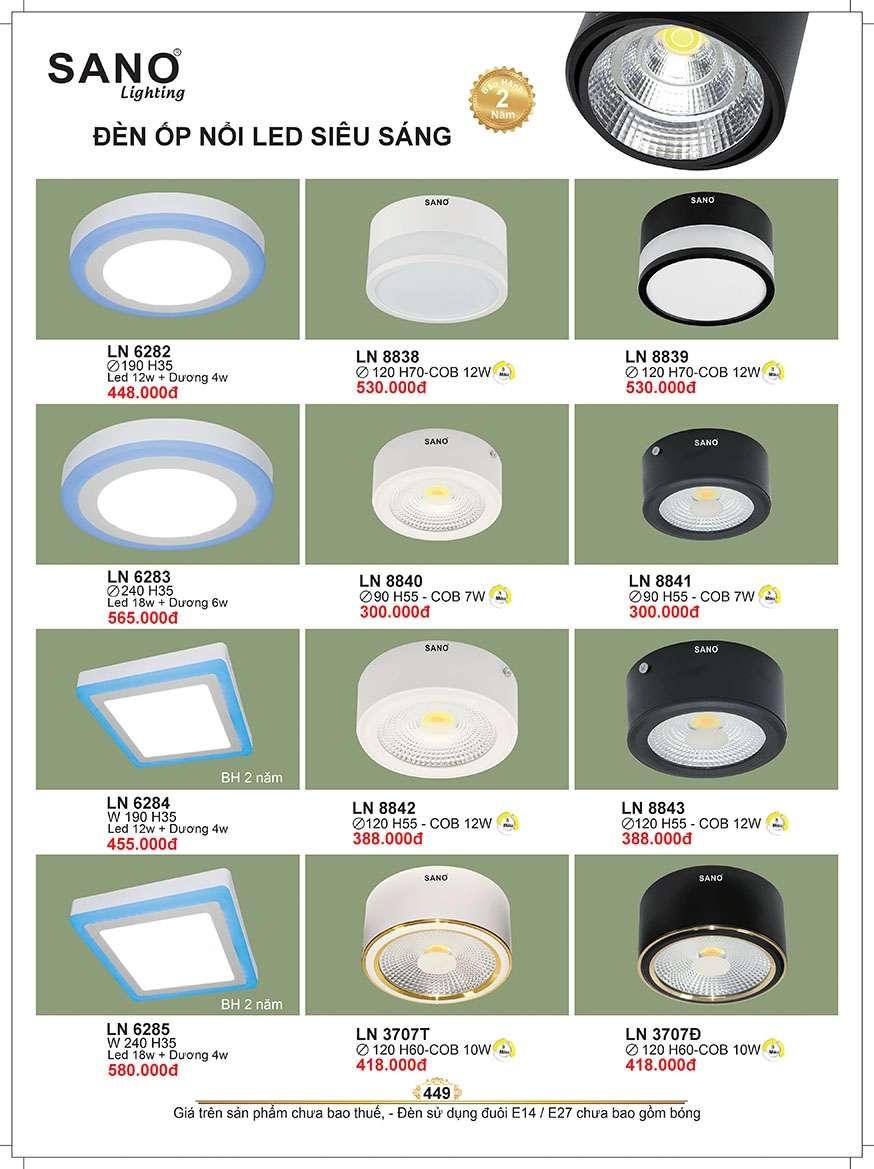 Đèn led ốp nổi Sano Lighting LN 6282, LN 8838, LN 8839, LN 6283, LN 8840, LN 8841, LN 6284, LN 8842, LN 8843, LN 6285, LN 7307T, LN 7307Đ