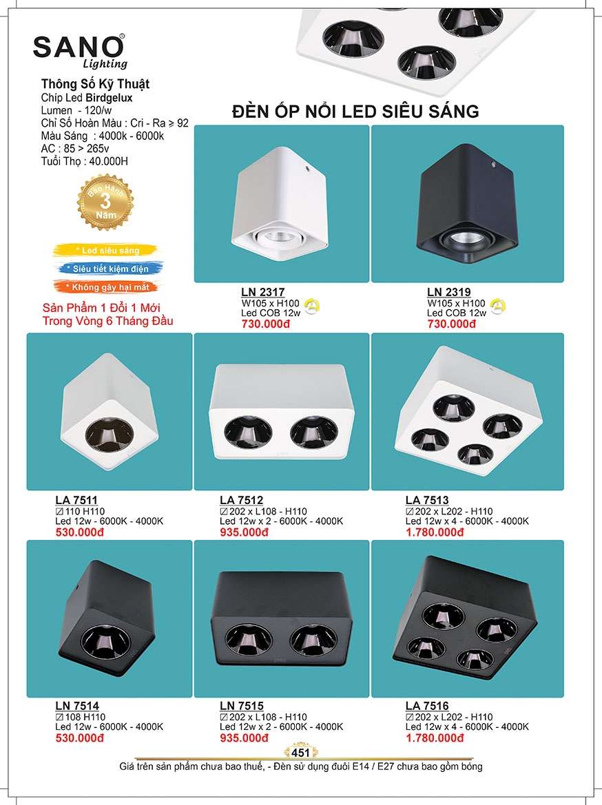 Đèn led ốp nổi Sano Lighting LN 2317, LN 2319, LN 7511, LN 7512, LN 7513, LN 7514, LN 7515, LN 7516