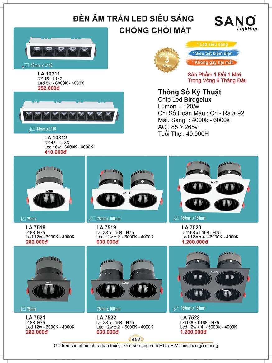 Đèn led âm trần Sano Lighting LA 10311, LA 10312, LA 7518, LA 7519, LA 7520, LA 7521, LA 7522, LA 7523