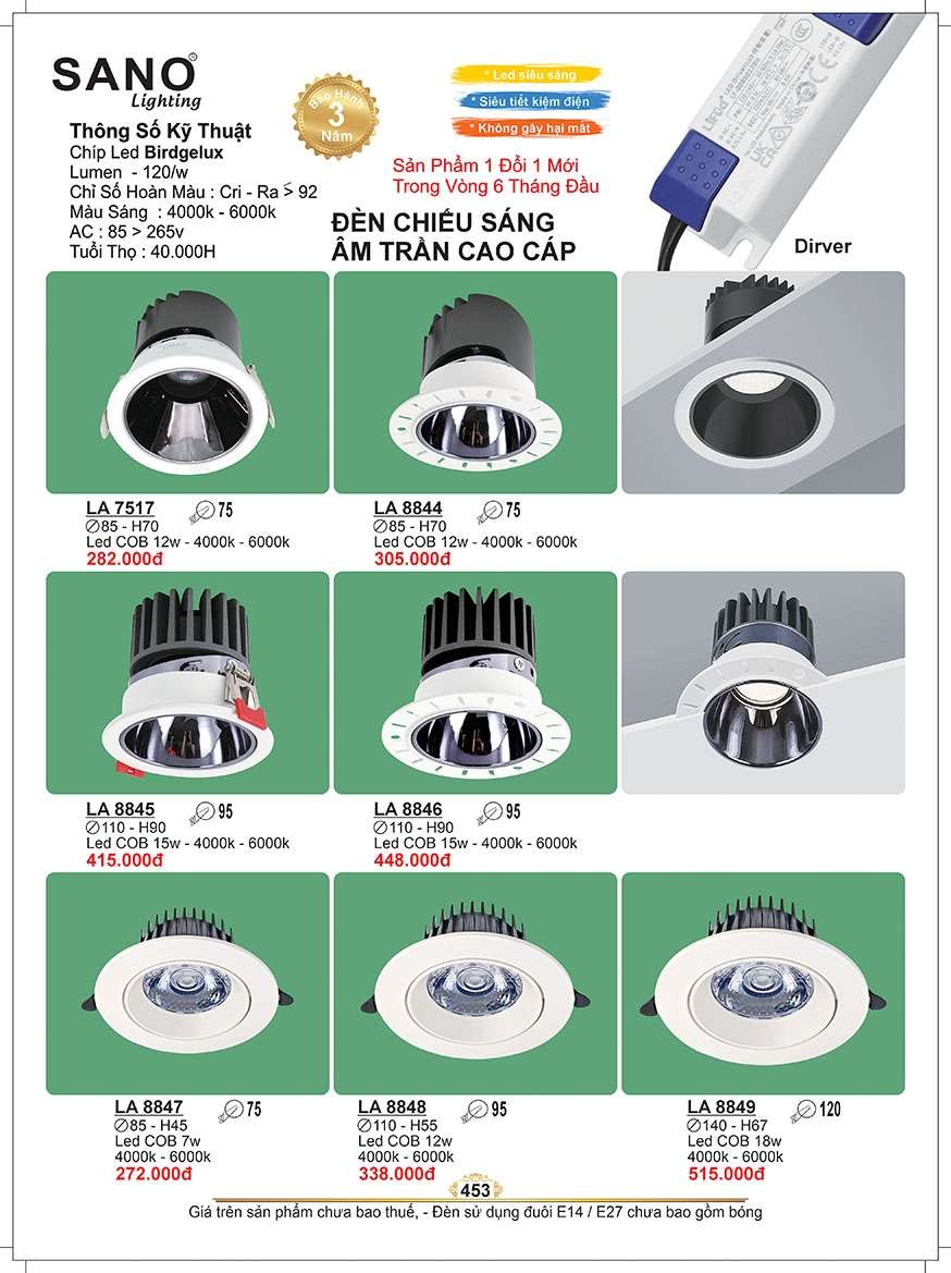 Đèn led âm trần Sano Lighting LA 7517, LA 8844, LA 8845, LA 8846, LA 8847, LA 8848, LA 8849