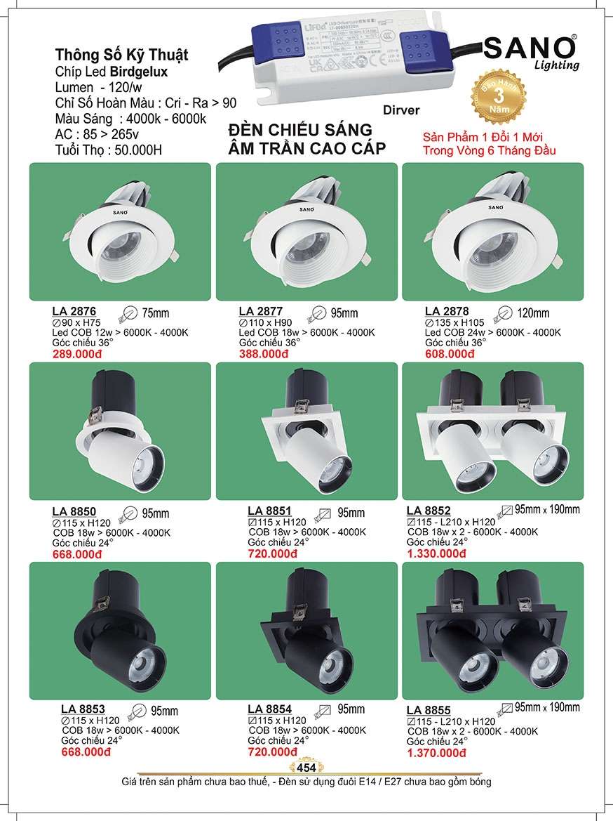 Đèn led âm trần Sano Lighting LA 2876, LA 2877, LA 2878, LA 8850, LA 8851, LA 8852, LA 8853, LA 8854, LA 8855