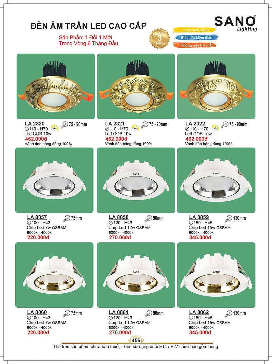 Đèn led âm trần Sano Lighting LA 2320, LA 2321, LA 2322, LA 8857, LA 8858, LA 8859, LA 8860, LA 8861, LA 8862