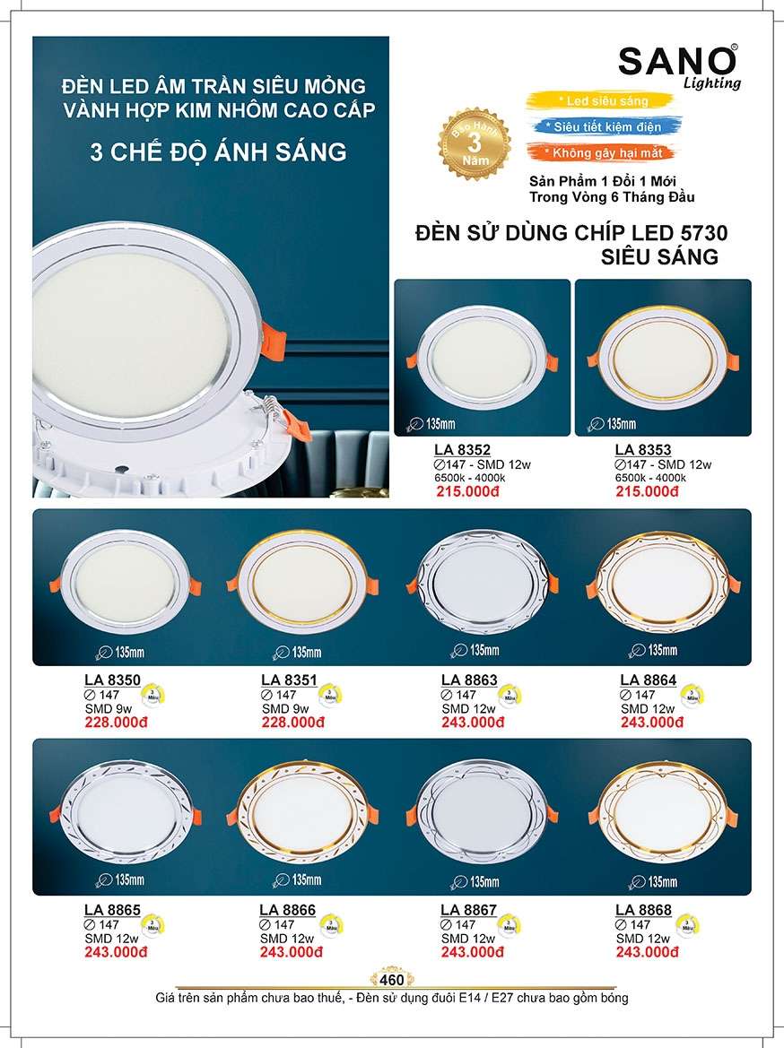 Đèn led âm trần Sano Lighting LA 8352, LA 8353, LA 8350, LA 8351, LA 8863, LA 8864, LA 8865, LA 8866, LA 8867, LA 8868