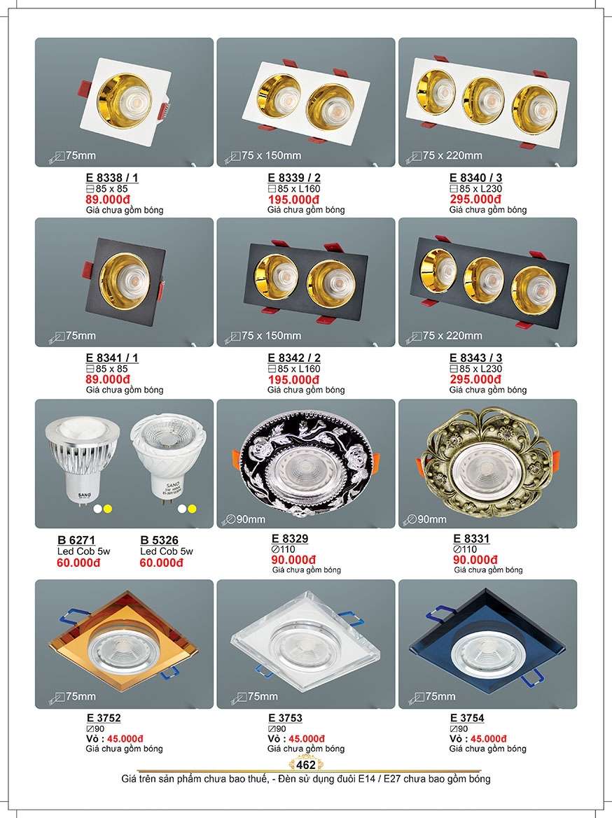 Đèn led âm trần Sano Lighting E 8338/1, E 8339/2, E 8340/3, E 8341/1, E 8342/2, E 8343/3, B 6271, B 5326, E 8329, E 8331, E 3752, E 3753, E 3754