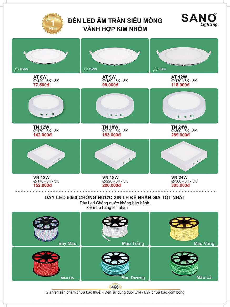 Đèn led Sano Lighting AT6W, AT9W, AT12W, TN12W, TN18W, TN24W, VN12W, VN18W, VN24W, dây led 5050