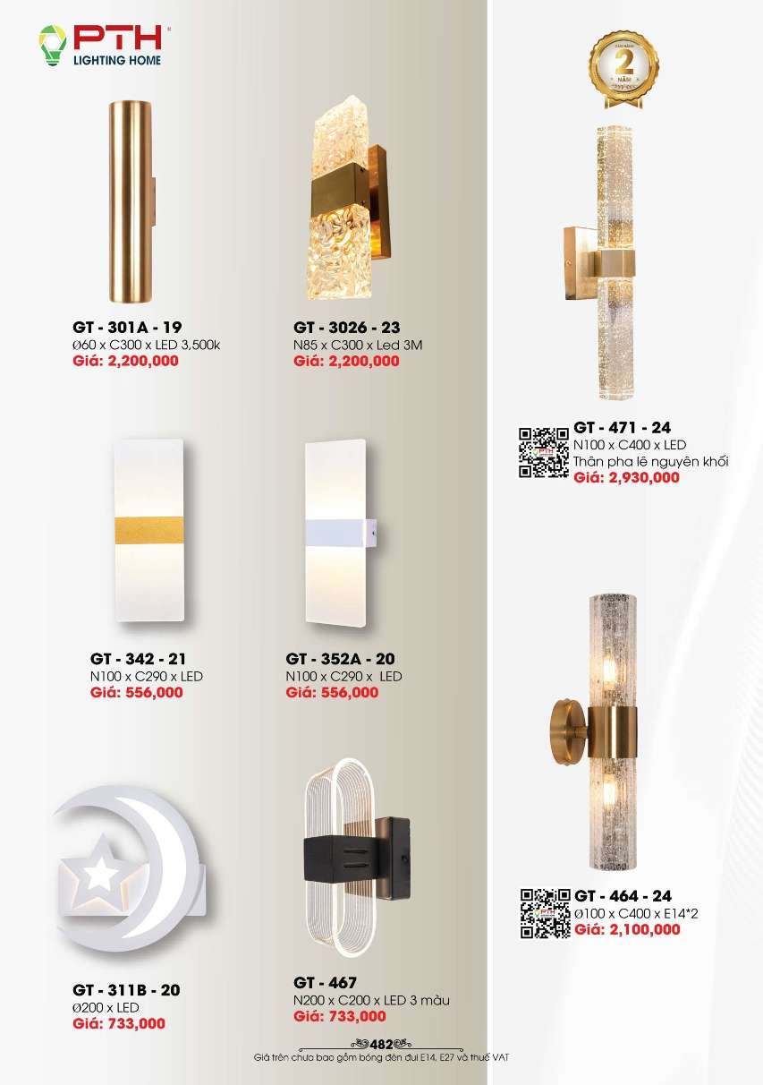 Đèn gắn tường PTH Lighting Home GT - 301A - 19, GT - 3026 - 23, GT - 342 - 21, GT - 352A - 20, GT - 311B - 20, GT - 467, GT - 471 - 24, GT - 464 - 24