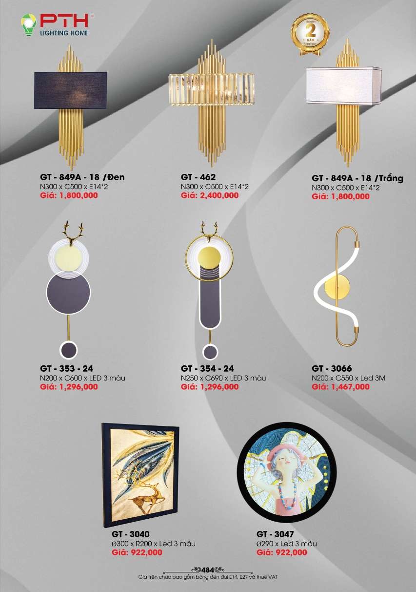 Đèn gắn tường PTH Lighting Home GT - 849A - 18, GT - 462, GT - 353 - 24, GT - 354 - 24, GT - 3066, GT - 3040, GT - 3047