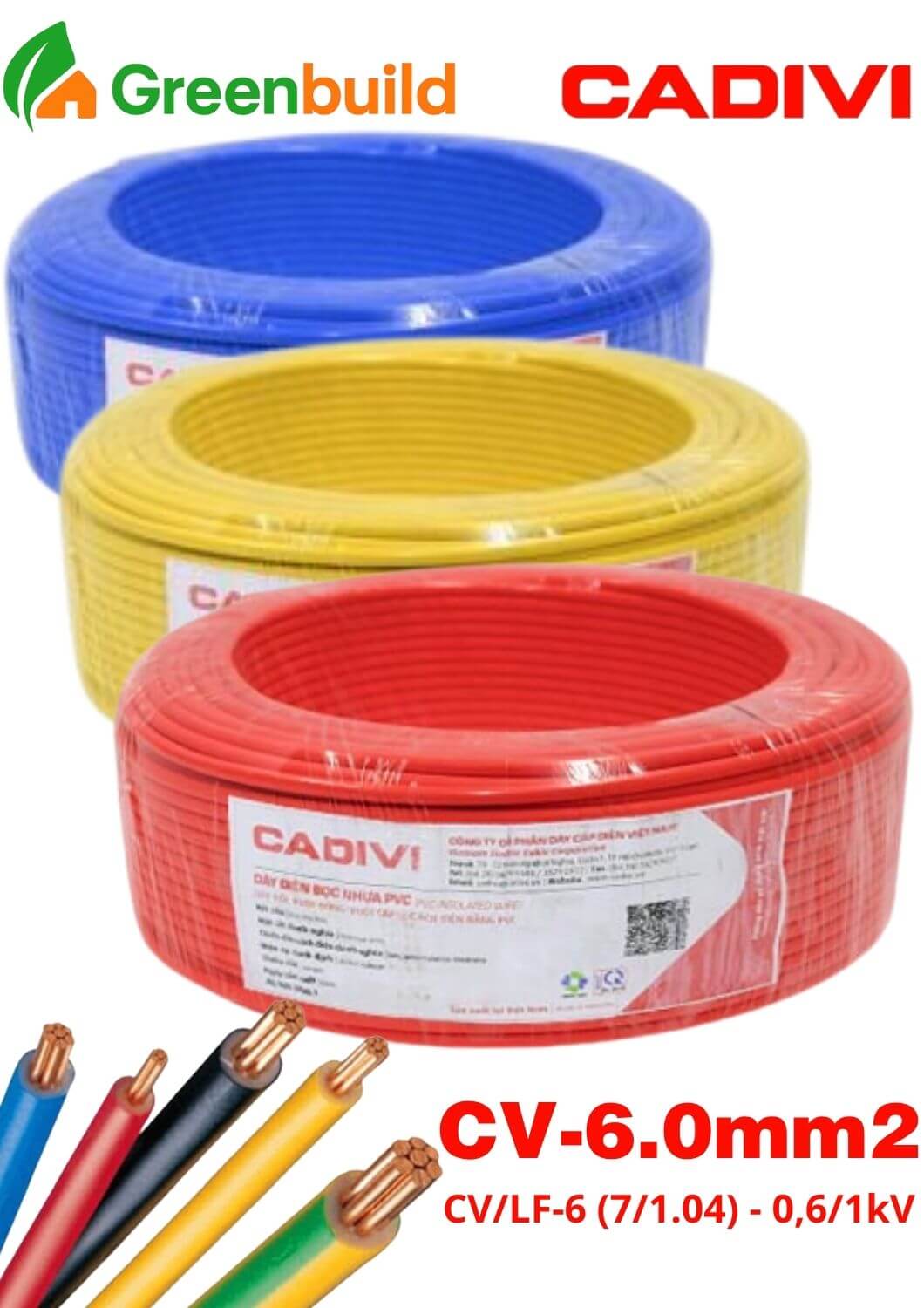 Dây cáp điện Cadivi CV6.0 màu đỏ / vàng / xanh
