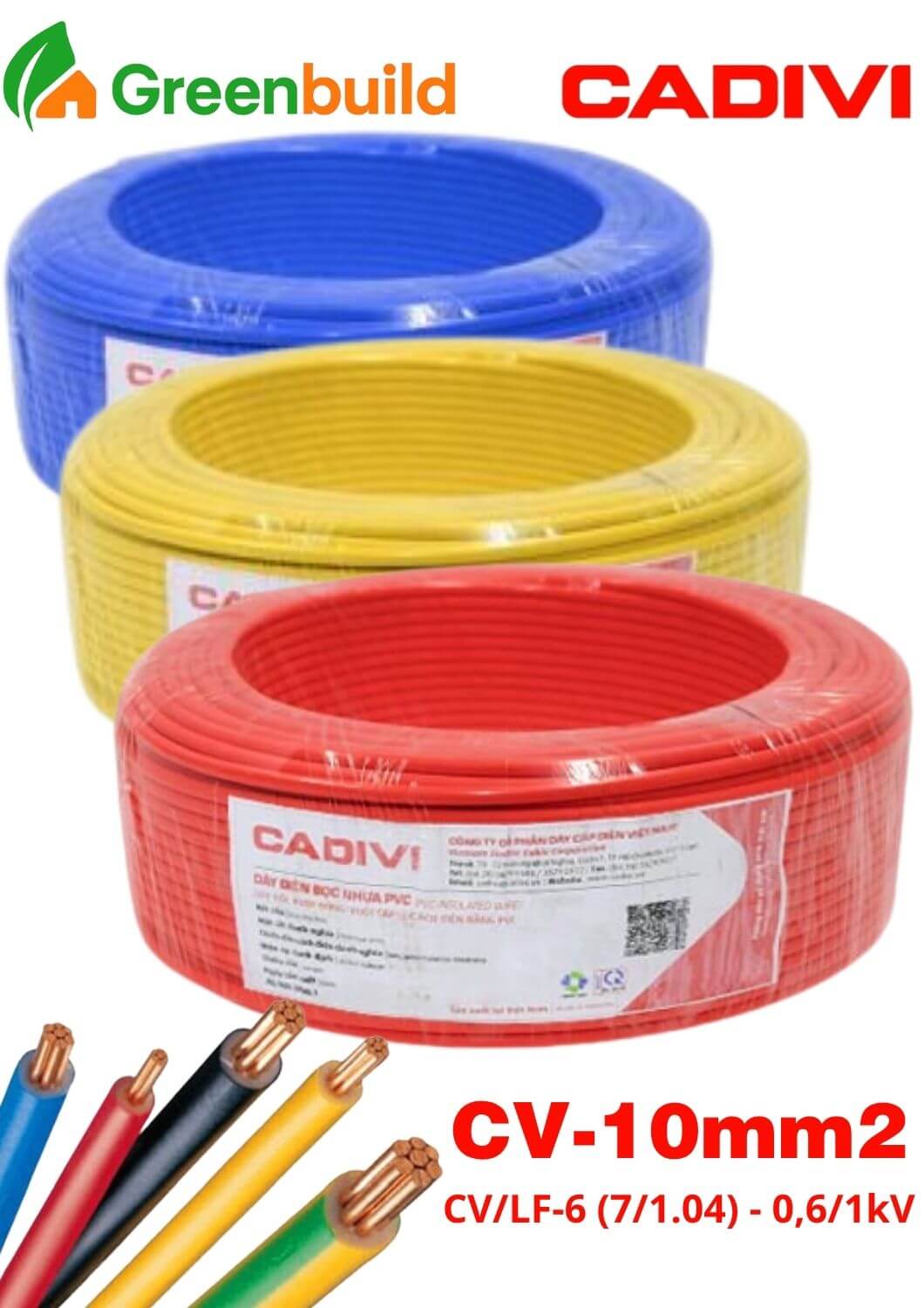 Dây cáp điện Cadivi CV-10 màu đỏ / vàng / xanh
