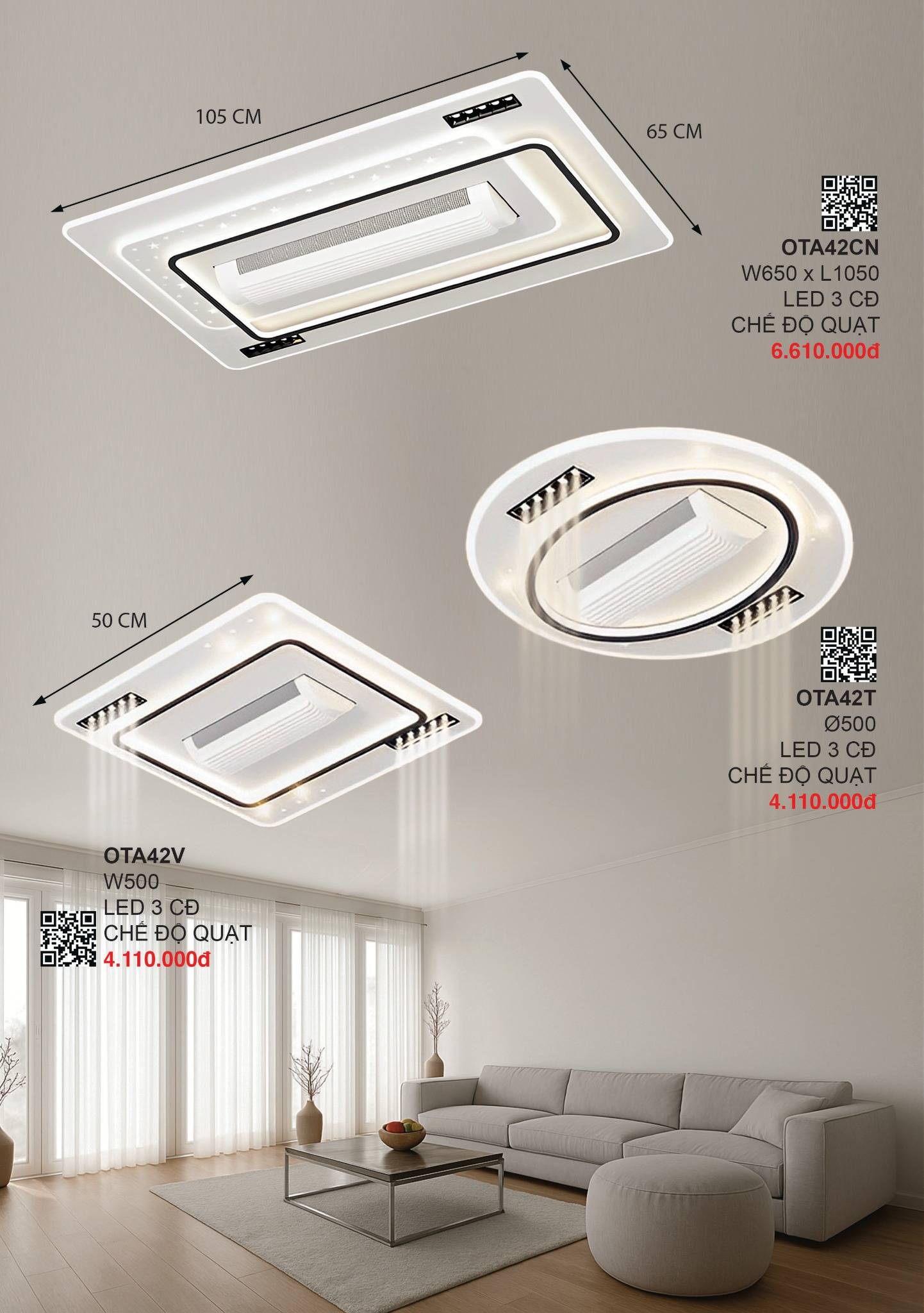 Quạt trần đèn không cánh 355 Decor Lighting OTA42CN, OTA42T, OTA42V