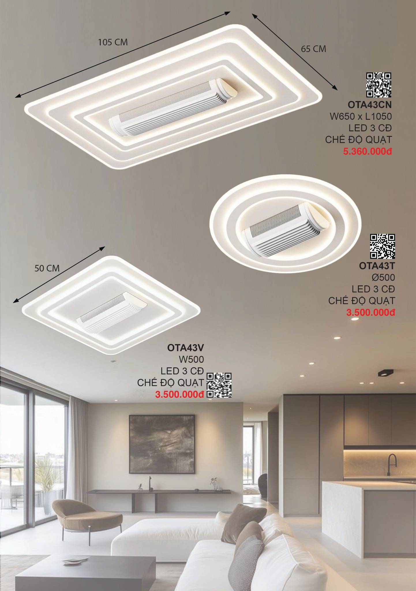 Quạt trần đèn không cánh 355 Decor Lighting OTA43CN, OTA43T, OTA43V