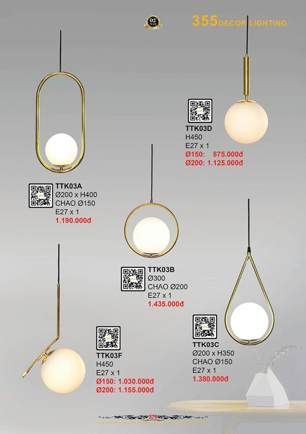 Đèn thả thiết kế 355 Decor TTK03A, TTK03B, TTK03C, TTK03D, TTK03F