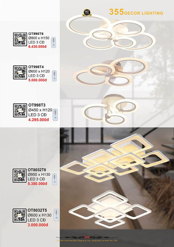 Đèn ốp trần 355 Decor OT8032T5, OT8032T8, OT998T3, OT998T4, OT998T6
