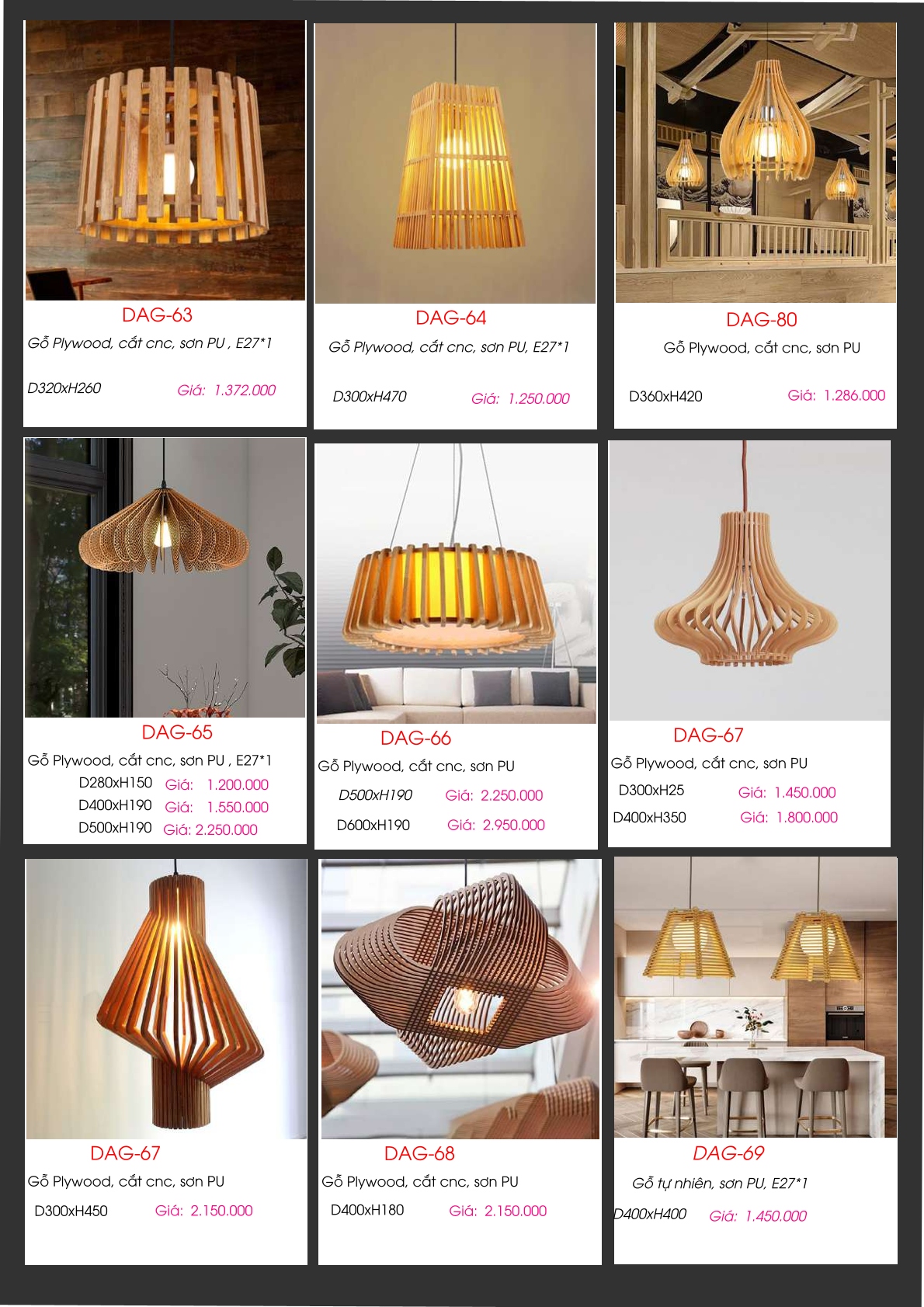 Đèn gỗ thả trần DAG-63, DAG-64, DAG-80, DAG-65, DAG-66, DAG-67, DAG-67, DAG-68, DAG-69