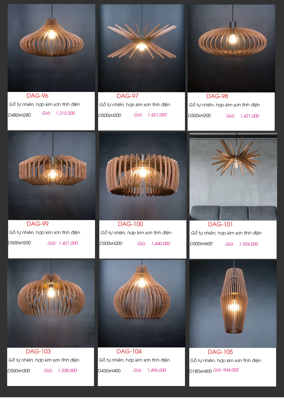 Đèn gỗ thả trần DAG-96, DAG-97, DAG-98, DAG-99, DAG-100, DAG-101, DAG-103, DAG-104, DAG-105