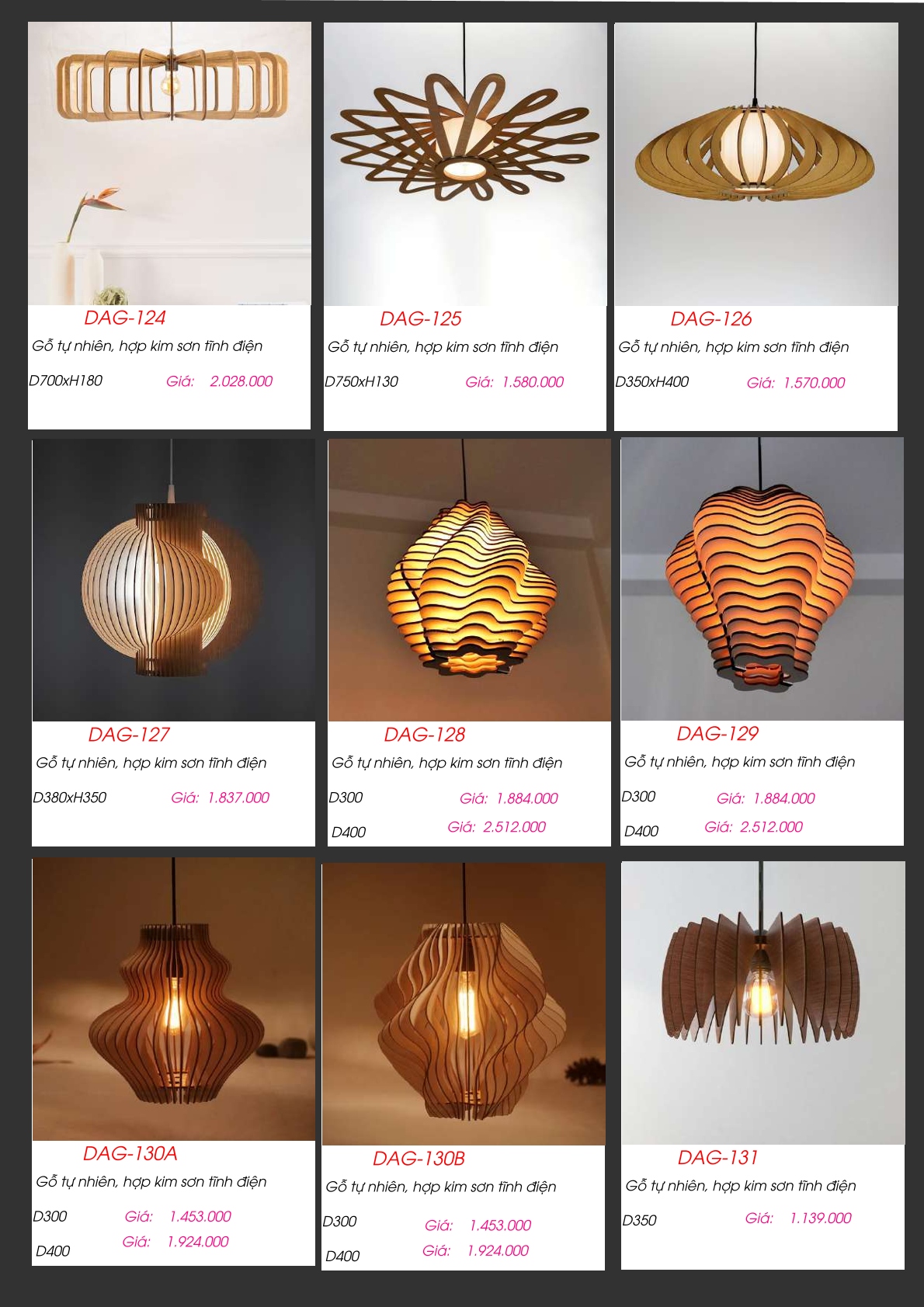Đèn gỗ thả trần DAG-124, DAG-125, DAG-126, DAG-127, DAG-128, DAG-129, DAG-130A, DAG-130B, DAG-131