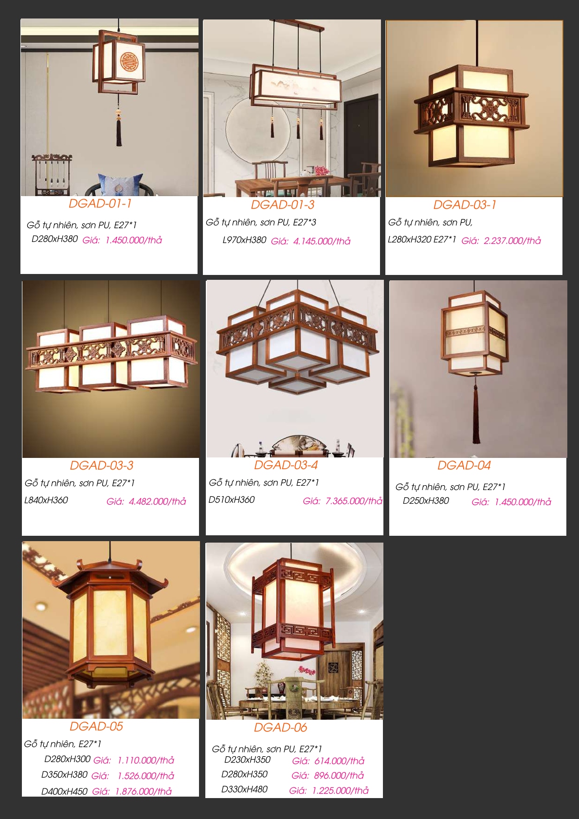 Đèn gỗ thả trần DGAD-01-1, DGAD-01-3, DGAD-03-1, DGAD-03-3, DGAD-03-4, DGAD-04, DGAD-05, DGAD-06