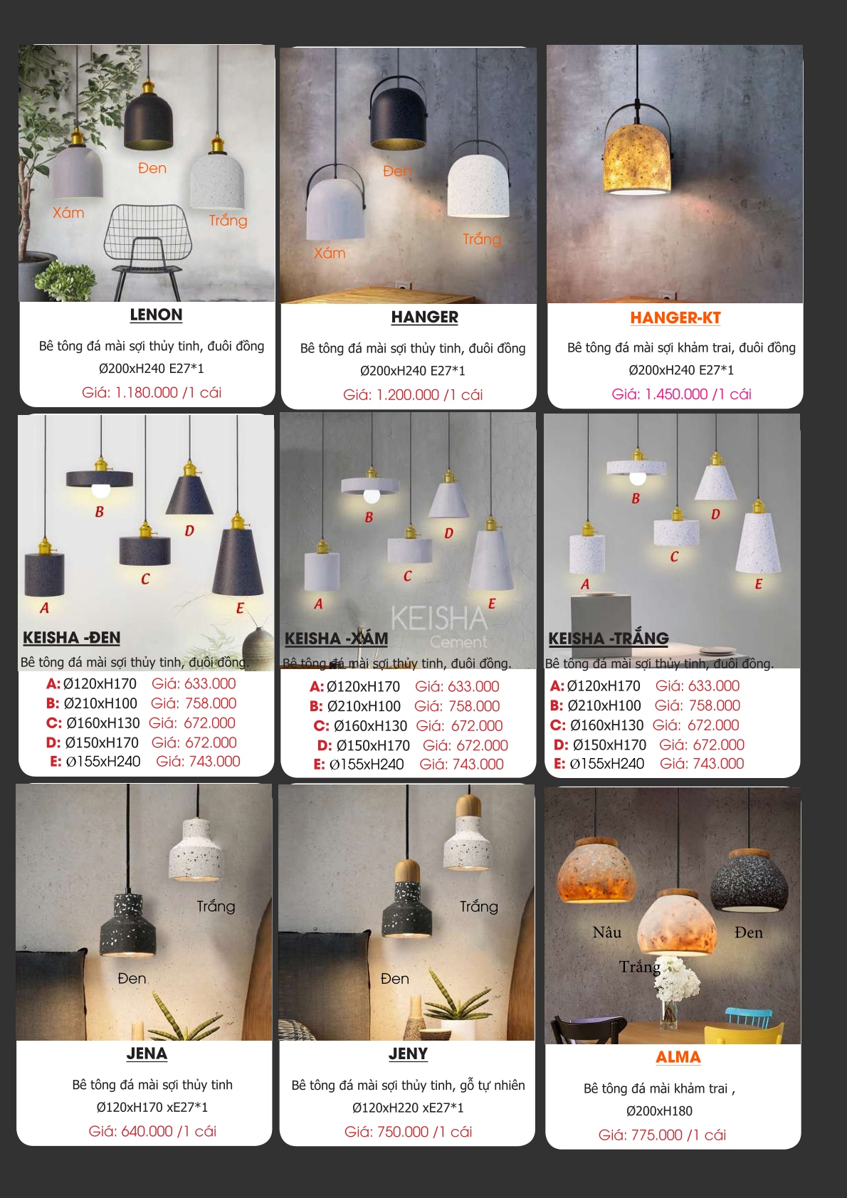 Đèn bê tông đá mài sợi thủy tinh treo trần LENON, HANGER, HANGER-KT, KEISHA-ĐEN, KEISHA-XÁM, KEISHA-TRẮNG, JENA, JENY, ALMA