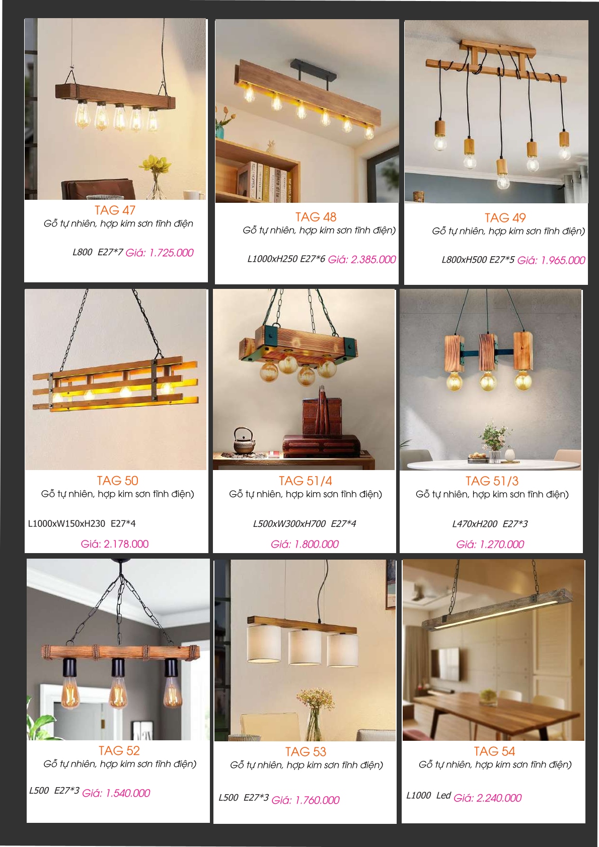 Đèn thả gỗ tự nhiên TAG 47, TAG 48, TAG 49, TAG 50, TAG 51/3, TAG 51/4, TAG 52, TAG 53, TAG 54