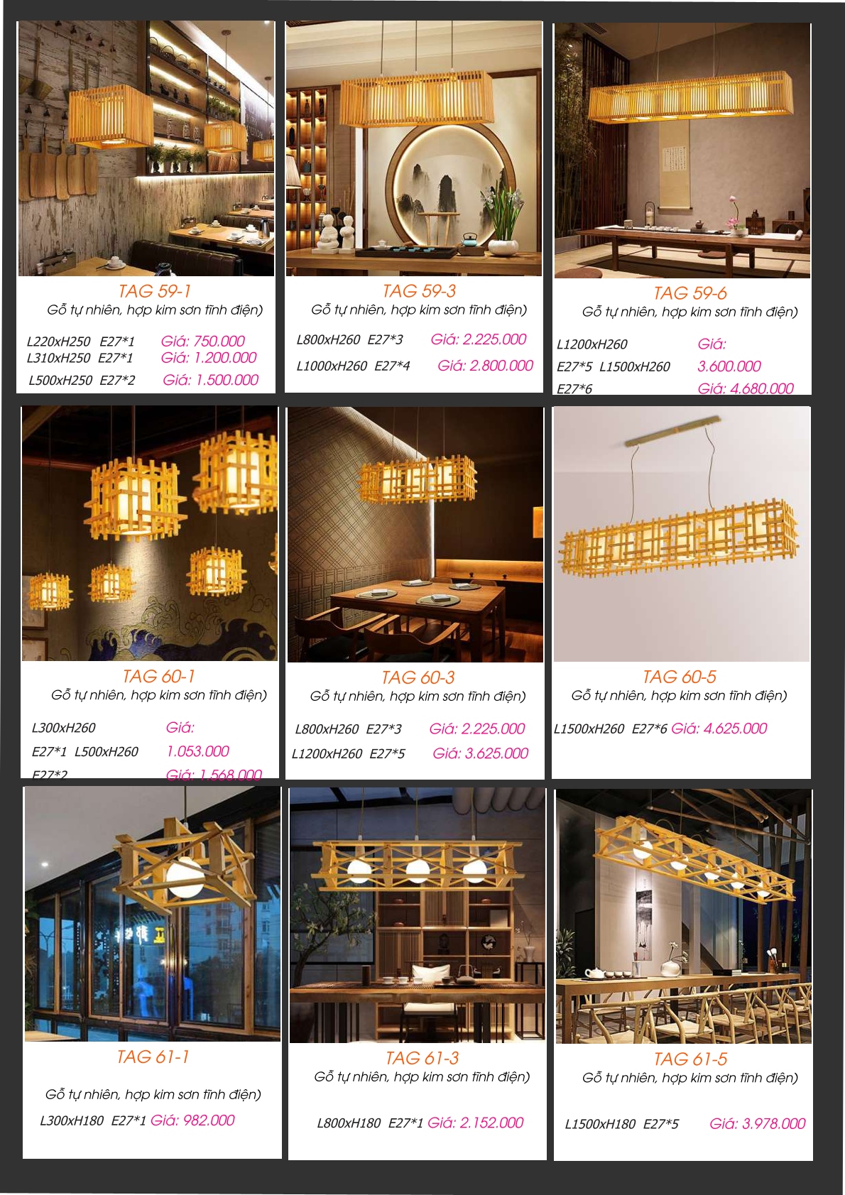 Đèn thả gỗ tự nhiên TAG 59-1, TAG 59-3, TAG 59-6, TAG 60-1, TAG 60-3, TAG 60-5, TAG 61-1, TAG 61-3, TAG 61-5