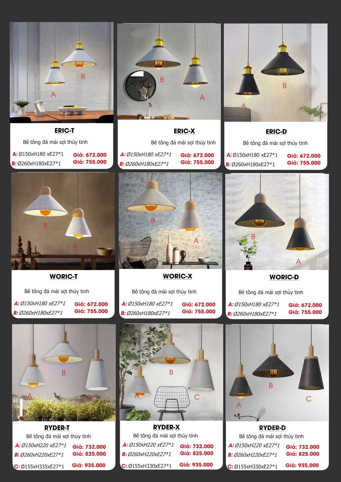 Đèn bê tông đá mài sợi thủy tinh treo trần ERIC-T, ERIC-X, ERIC-D, WORIC-T, WORIC-X, WORIC-D, RYDER-T, RYDER-X, RYDER-D