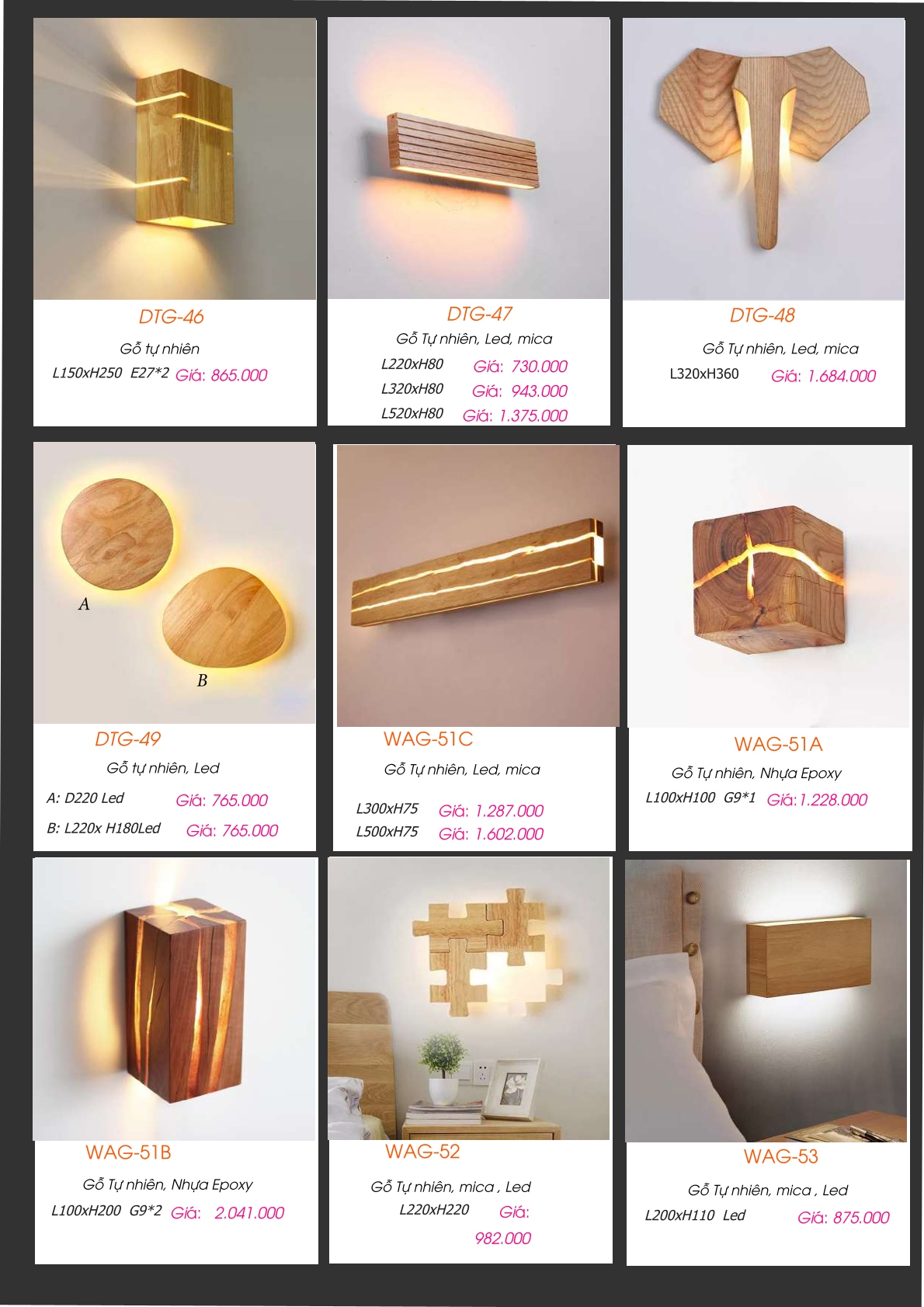 Đèn tường gỗ tự nhiên DTG-46, DTG-47, DTG-48, DTG-49, WAG-51C, WAG-51A, WAG-51B, WAG-52, WAG-53