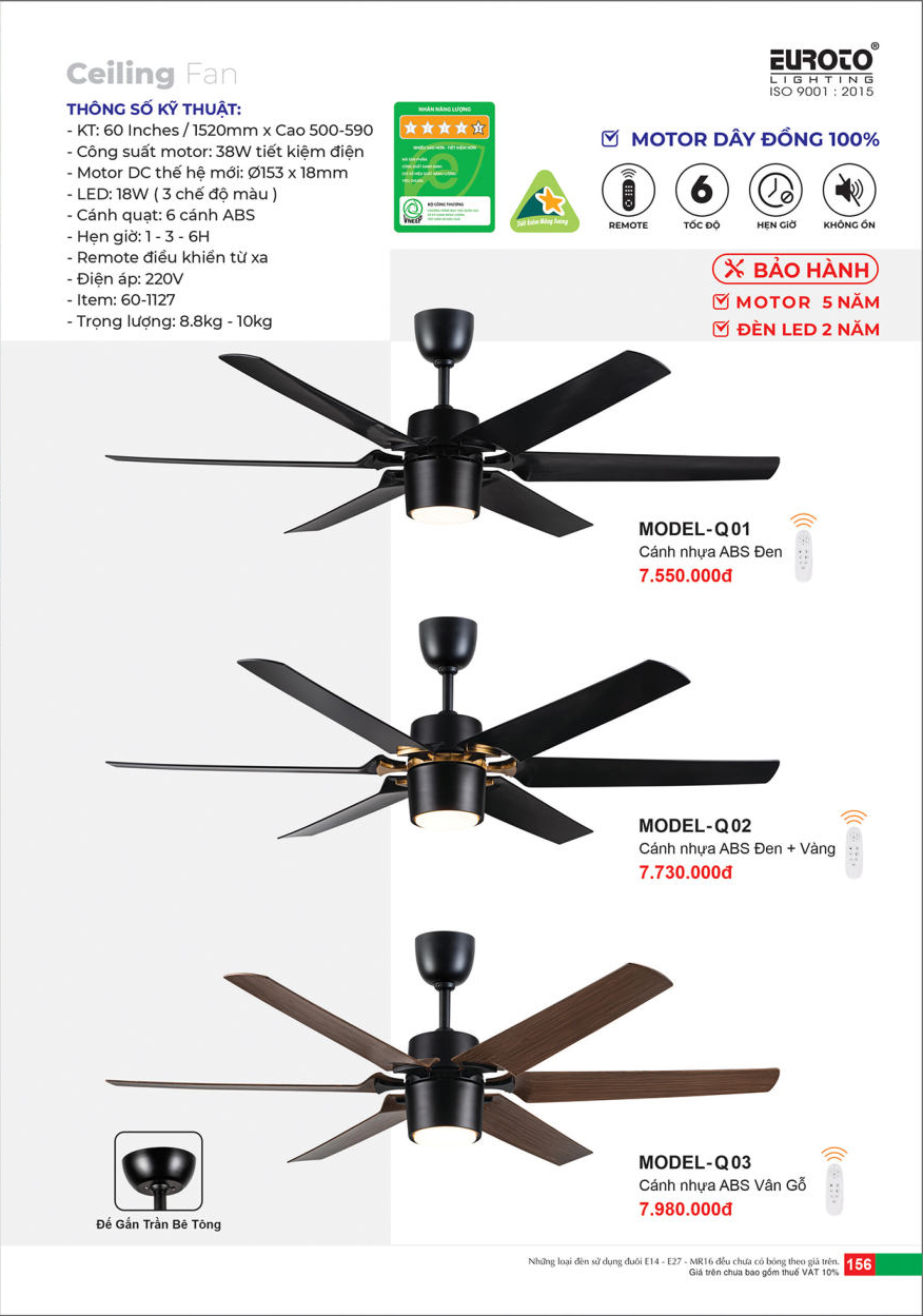 Quạt trần Euroto MODEL-Q01, MODEL-Q02, MODEL-Q03