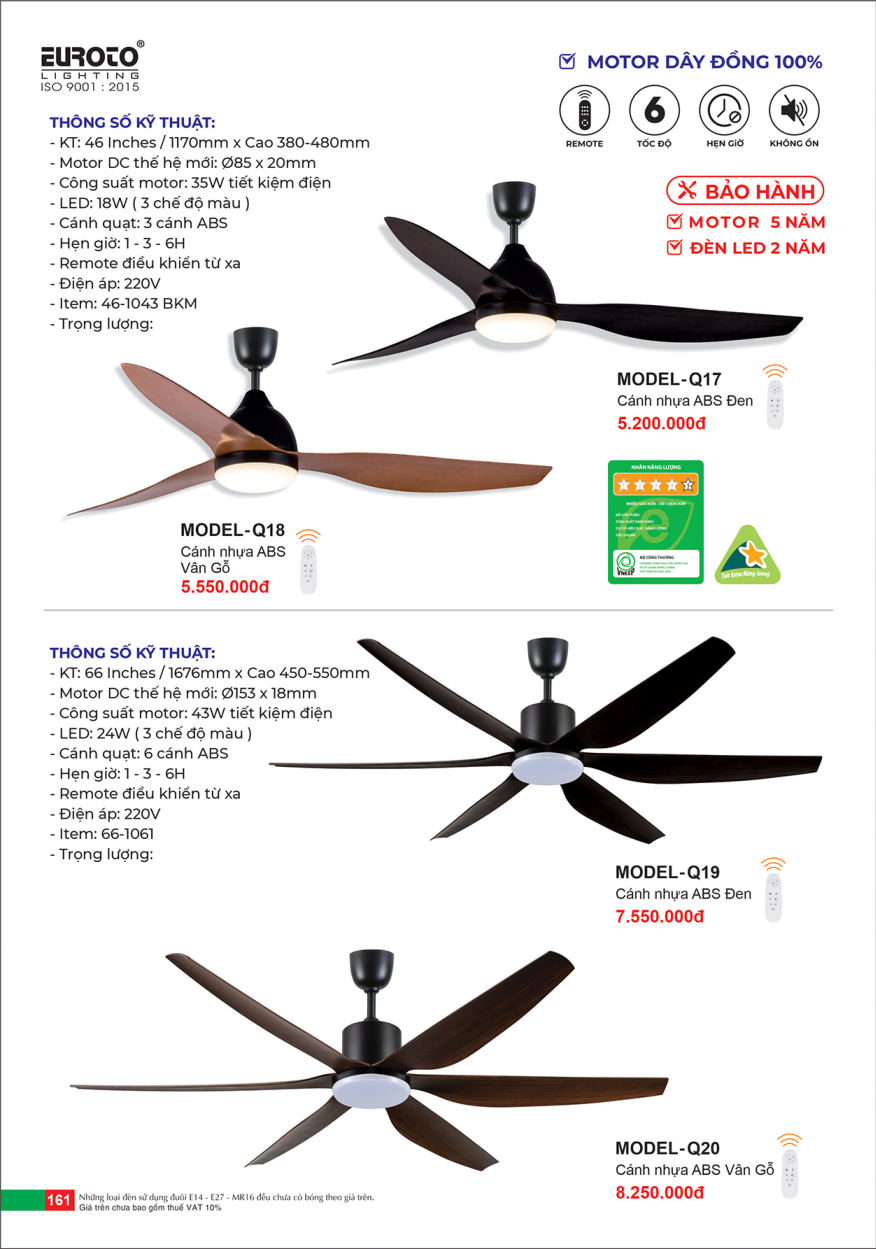 Quạt trần Euroto MODEL-Q17, MODEL-Q18, MODEL-Q19, MODEL-Q20