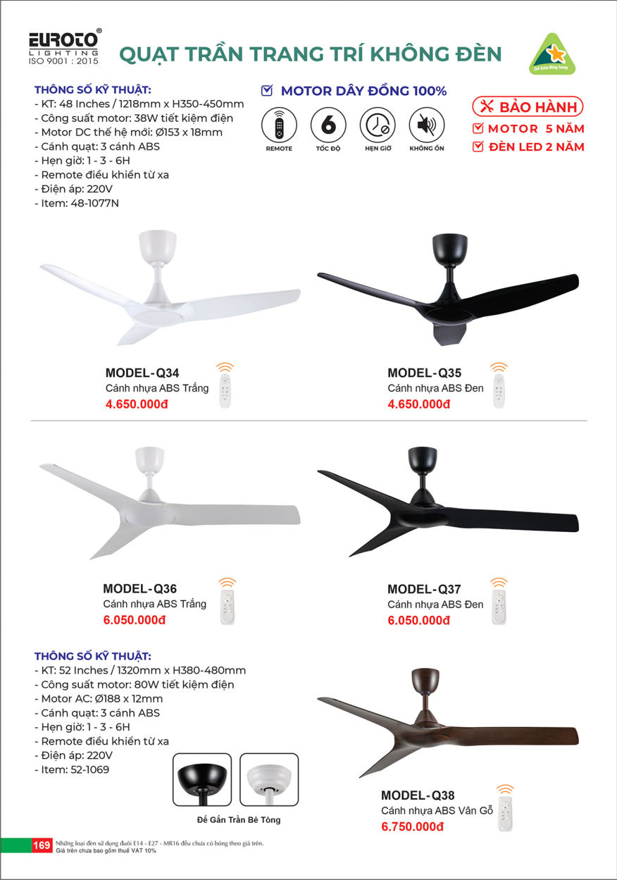 Quạt trần Euroto MODEL-Q34, MODEL-Q35, MODEL-Q36, MODEL-Q37, MODEL-Q38