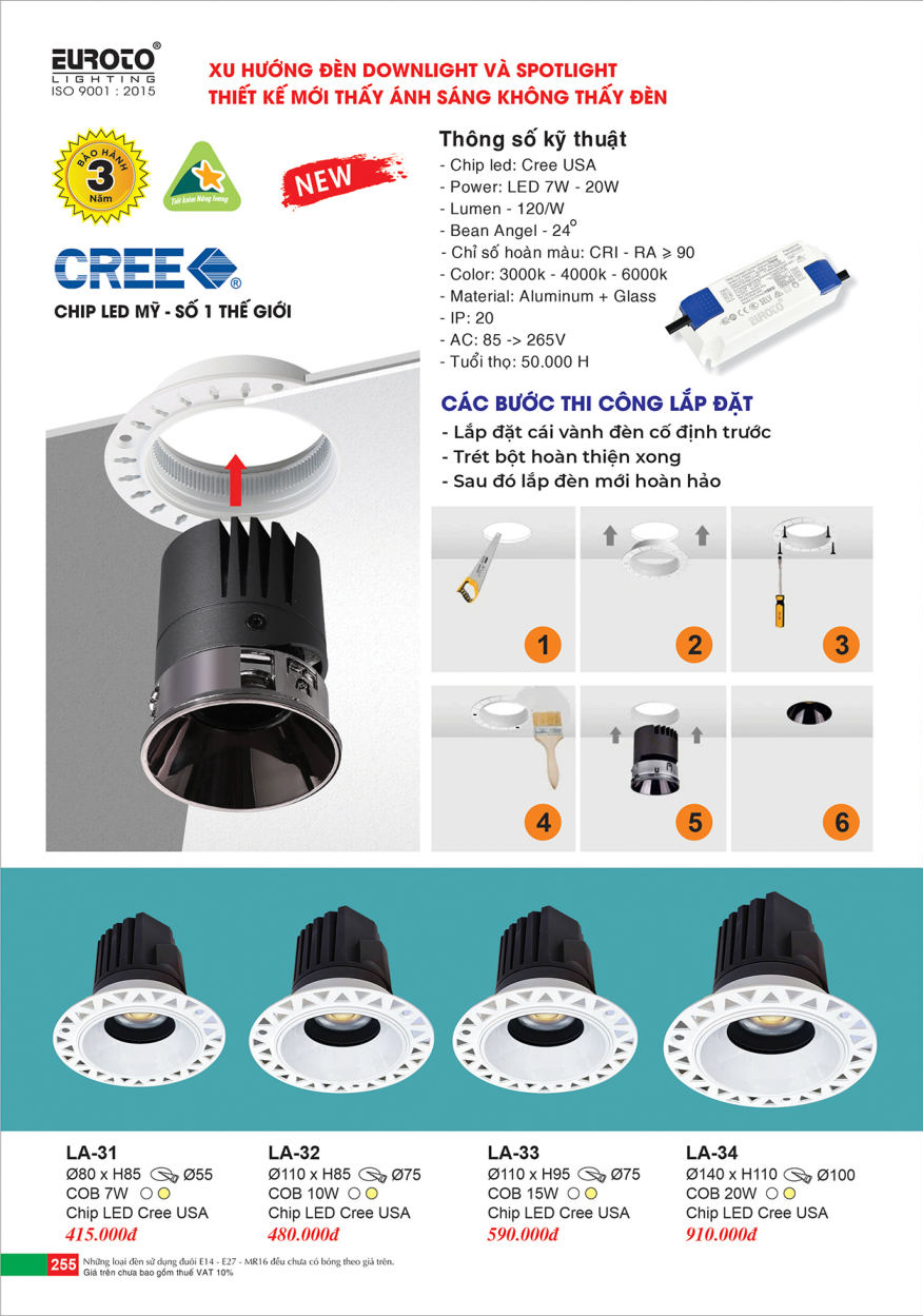 Đèn led âm trần spotlight Euroto LA-31, LA-32, LA-33, LA-34