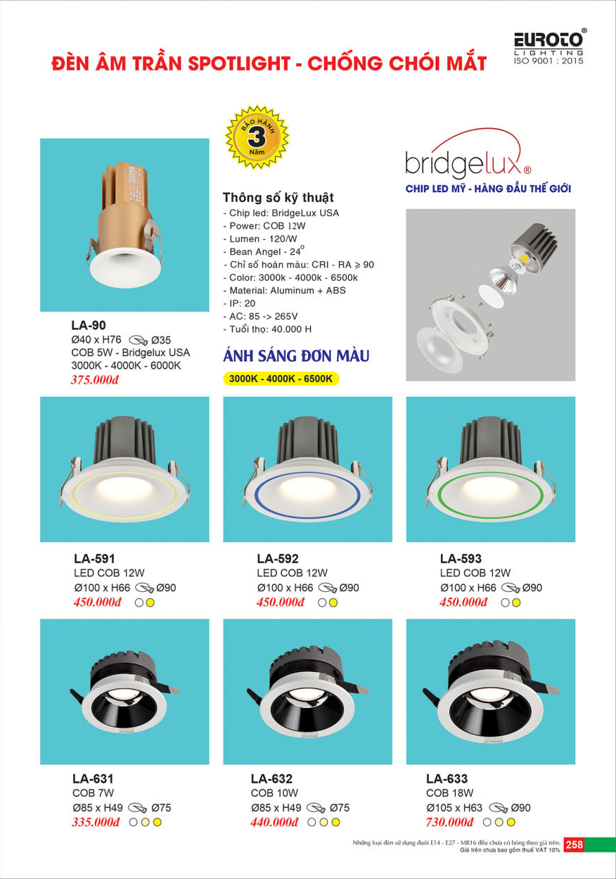 Đèn led âm trần spotlight Euroto LA-90, LA-591, LA-592, LA-593, LA-631, LA-632, LA-633