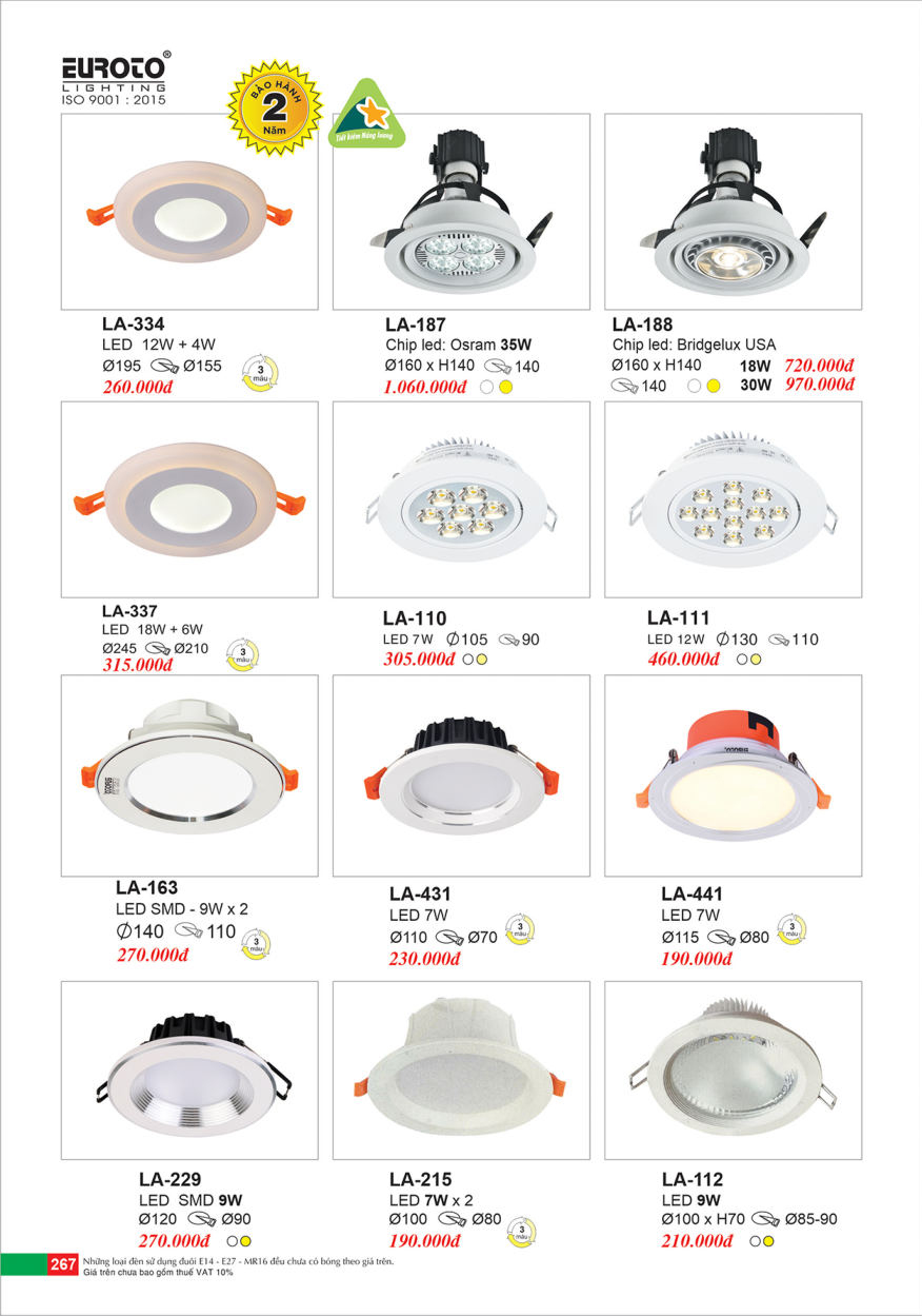 Đèn led âm trần Euroto LA-334, LA-337, LA-187, LA-188, LA-110, LA-111, LA-112, LA-163, LA-431, LA-441, LA-229, LA-215