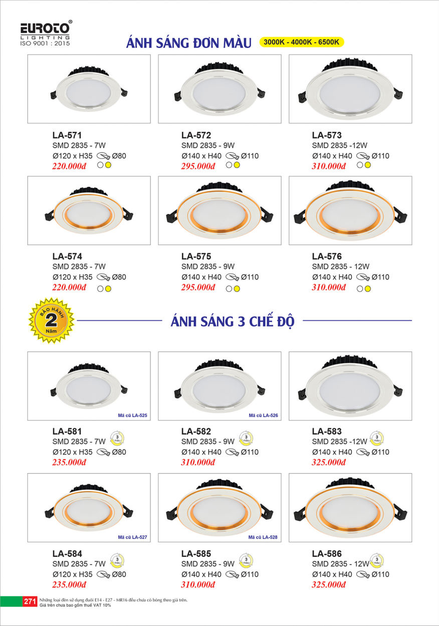 Đèn led âm trần Euroto LA-571, LA-572, LA-573, LA-574, LA-575, LA-576, LA-581, LA-582, LA-583, LA-584, LA-585, LA-586