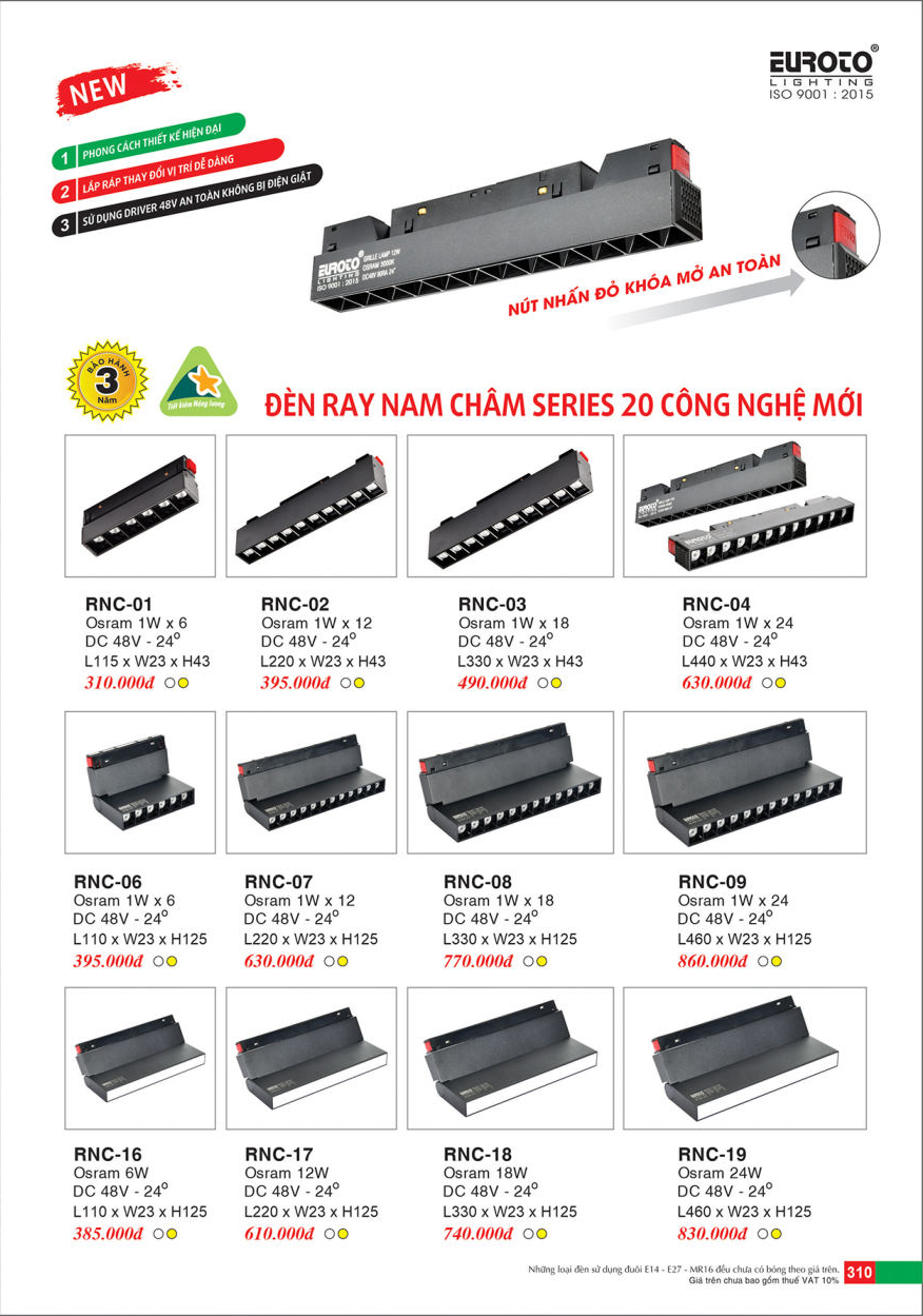 Đèn ray nam châm series 20 Euroto RNC-01, RNC-02, RNC-03, RNC-04, RNC-06, RNC-07, RNC-08, RNC-09, RNC-16, RNC-17, RNC-18, RNC-19